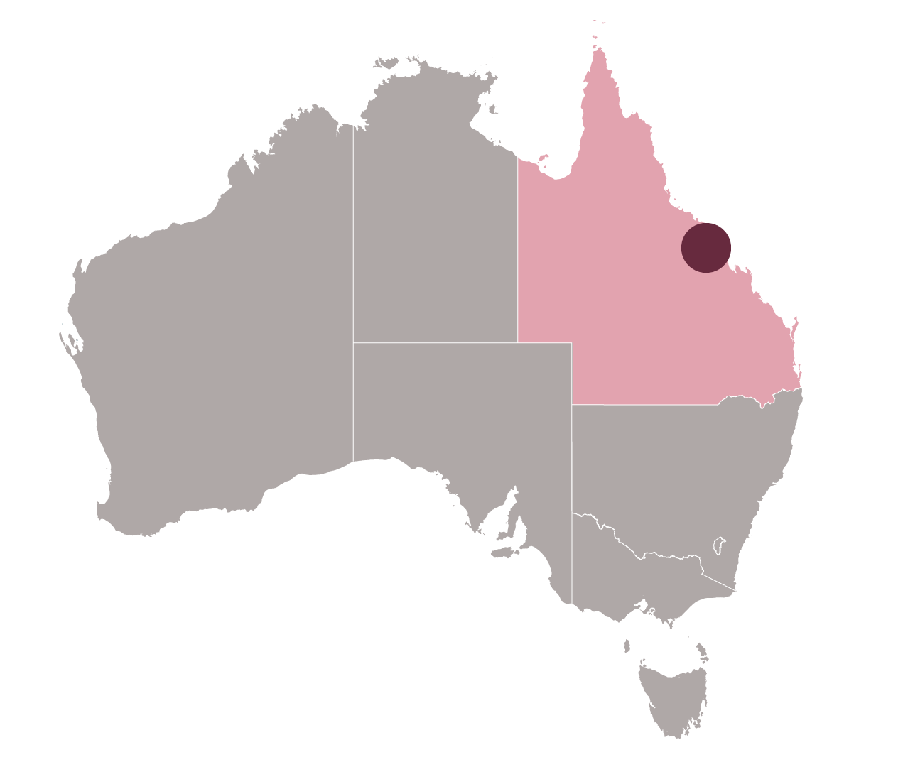 A graphic of the Australian continent with Qld state shaded and small dot representing  Bowen River catchment.