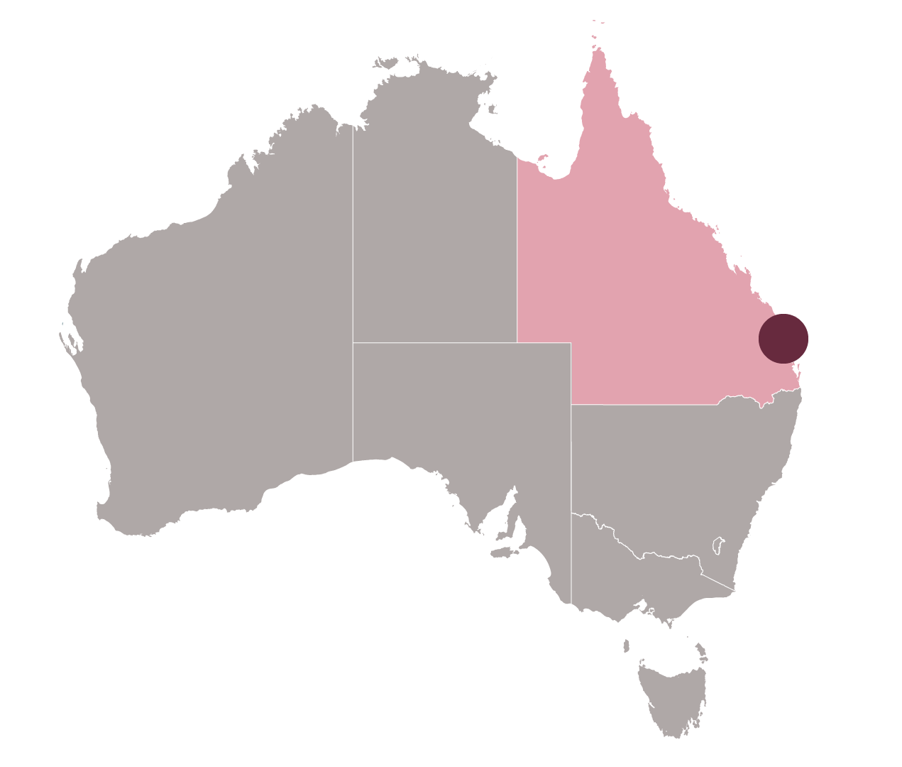 A graphic of the Australian continent with Qld state shaded and small dot representing Ipswich.