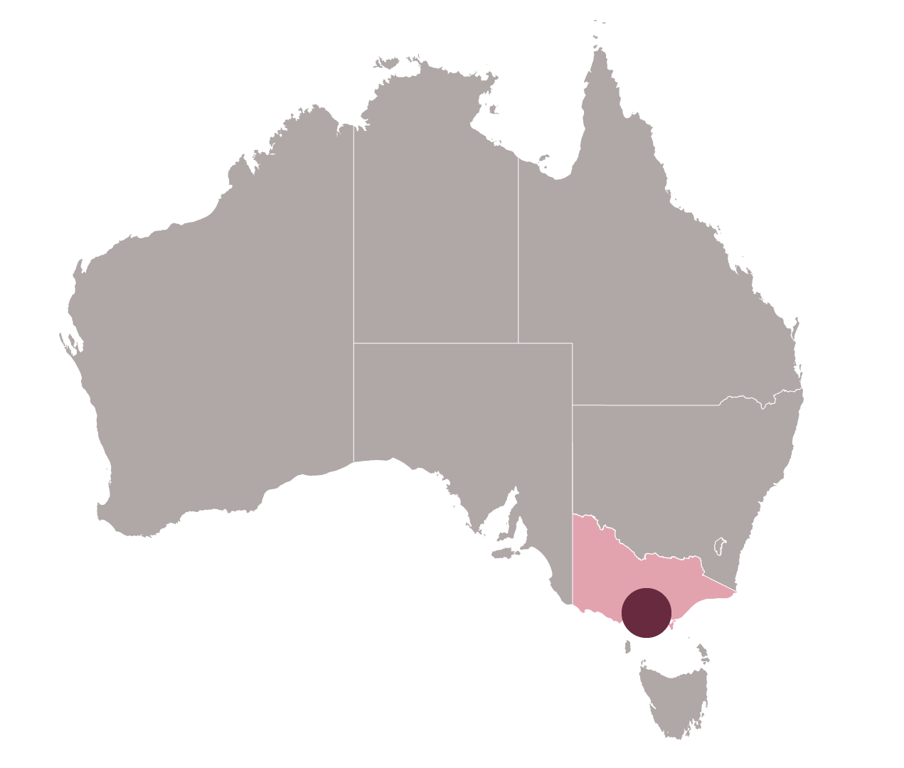 A graphic of the Australian continent with shaded State of Victoria, and small dot representing Melbourne.