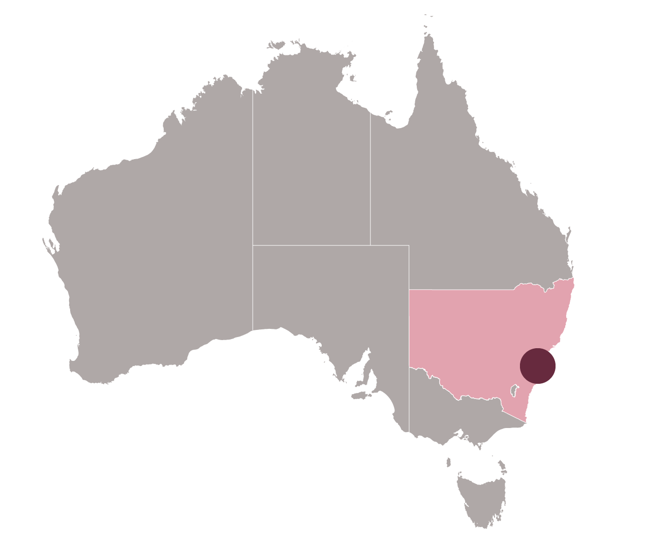 A graphic of the Australian continent with NSW state shaded and small dot representing Sydney..