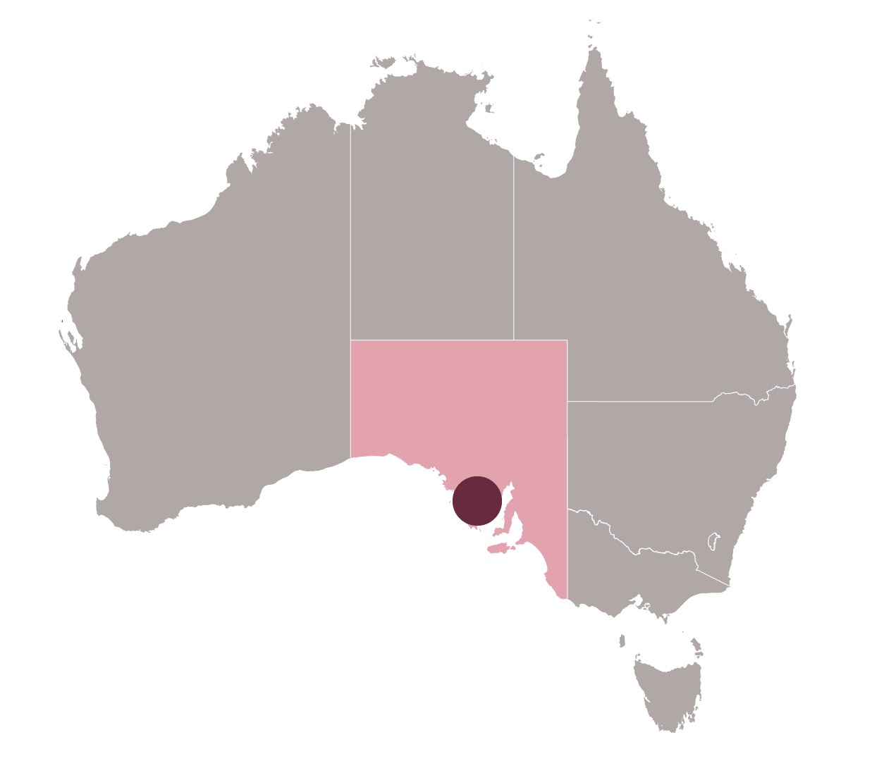 A graphic of the Australian continent with Wa state shaded and small dot representing Barossa.