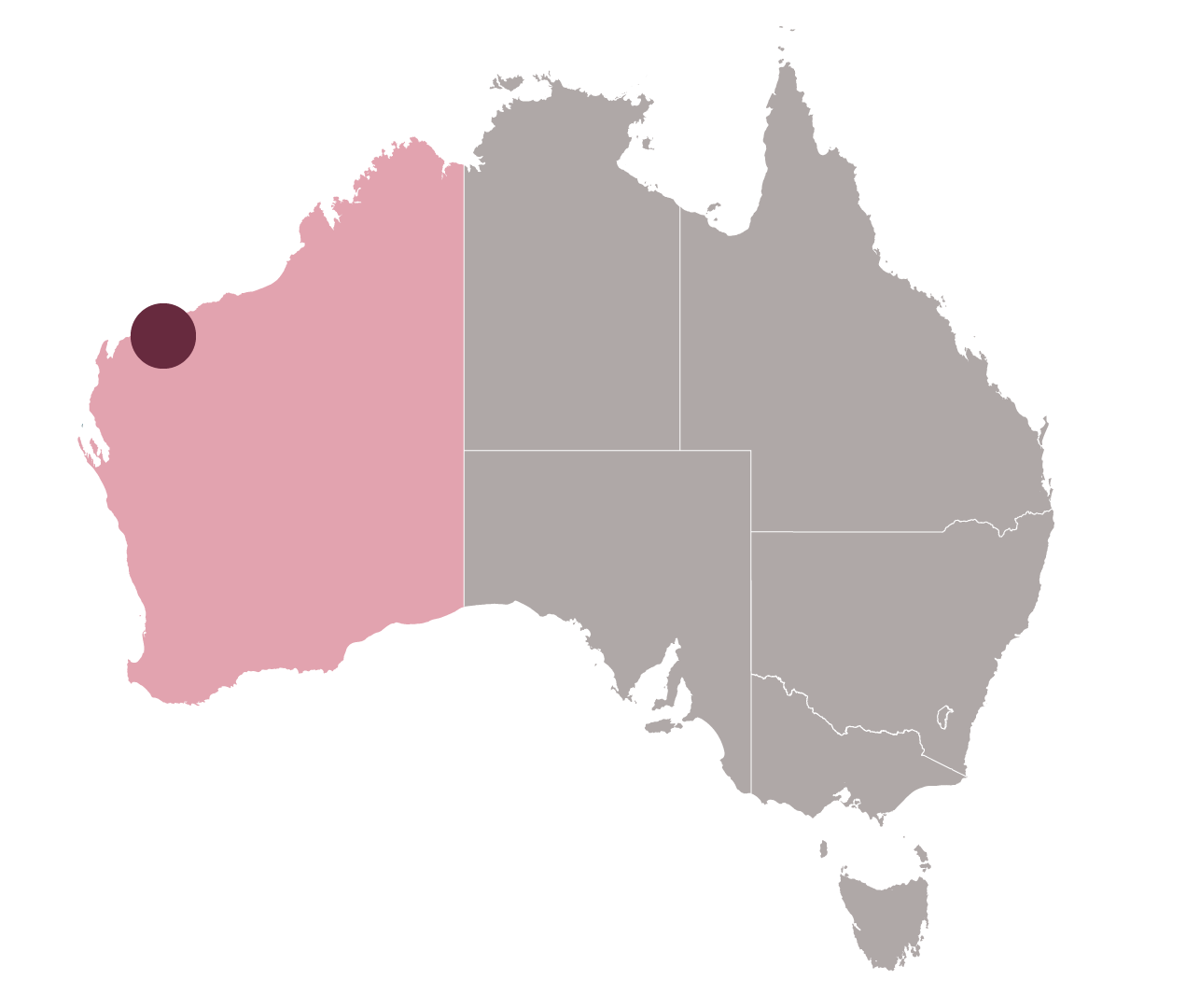 A graphic of the Australian continent with WA state shaded and small dot  around Pilbara.