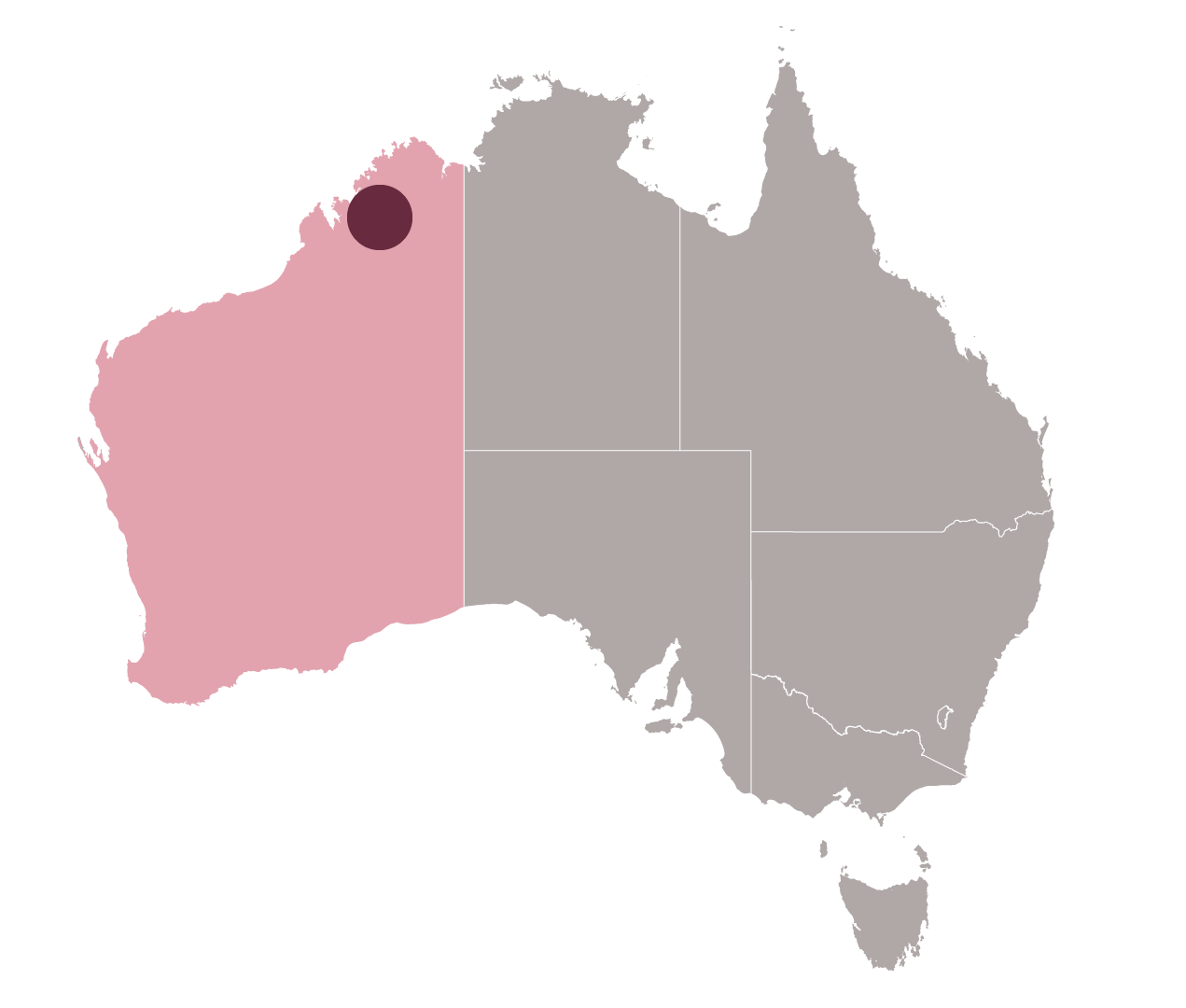 A graphic of the Australian continent with WA state shaded and small dot representing the North.