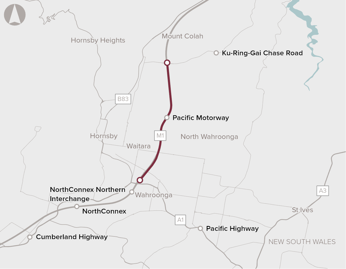 Map of M1 road in Sydney