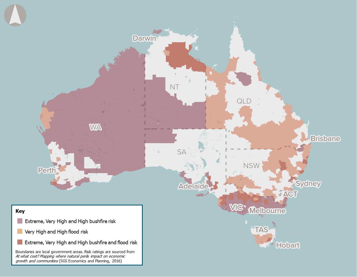 Map showing areas across Australia at risk of fire and flooding